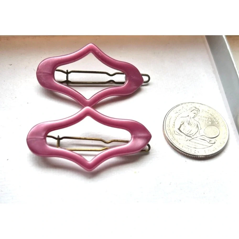 Vintage France Mauve Diamond Hair Clips Pair 1970s Geometric Mod Barrette As Is